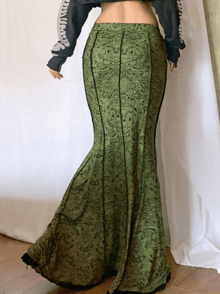 Vintage Mermaid Patchwork Printed Maxi Skirt - Y2K Fashion Statement with Coquette Aesthetic Flair