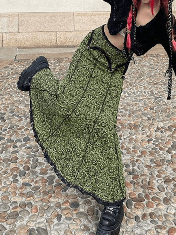 Vintage Mermaid Patchwork Printed Maxi Skirt - Y2K Fashion Statement with Coquette Aesthetic Flair