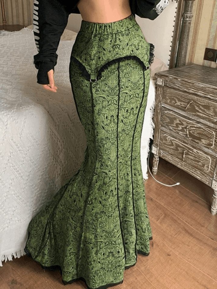 Vintage Mermaid Patchwork Printed Maxi Skirt - Y2K Fashion Statement with Coquette Aesthetic Flair