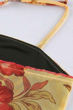 Vintage Mesh Floral Halter Crop Top - Y2K Aesthetic Fashion for Women