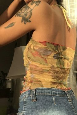 Vintage Mesh Floral Halter Crop Top - Y2K Aesthetic Fashion for Women