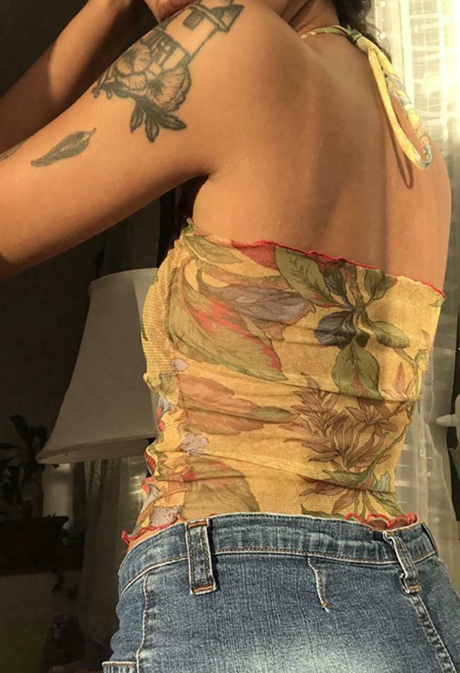 Vintage Mesh Floral Halter Crop Top - Y2K Aesthetic Fashion for Women