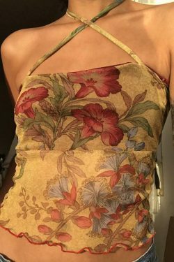 Vintage Mesh Floral Halter Crop Top - Y2K Aesthetic Fashion for Women