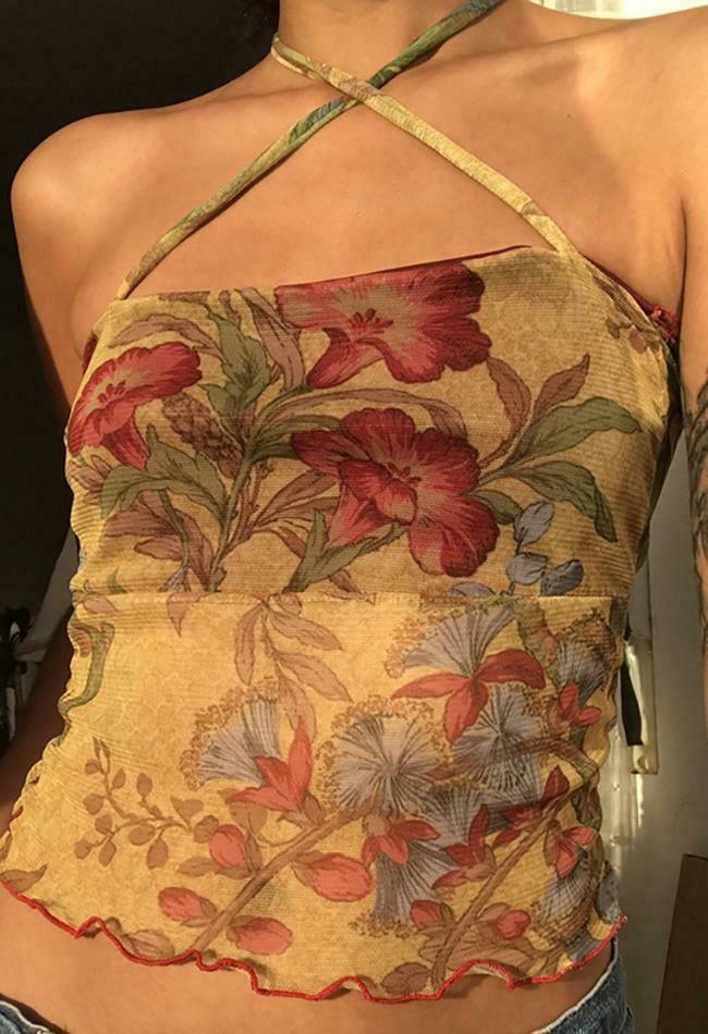 Vintage Mesh Floral Halter Crop Top - Y2K Aesthetic Fashion for Women