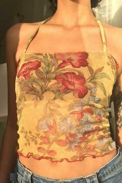 Vintage Mesh Floral Halter Crop Top - Y2K Aesthetic Fashion for Women