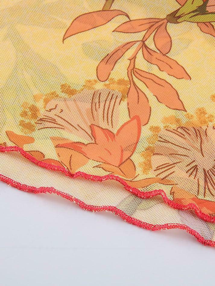 Vintage Mesh Floral Halter Crop Top - Y2K Aesthetic Fashion for Women