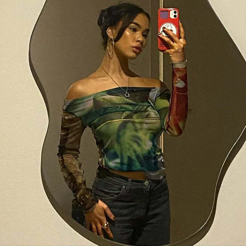 Vintage Mesh Tee with Y2K Aesthetic Prints - Coquette & Grunge Style Women's Fashion