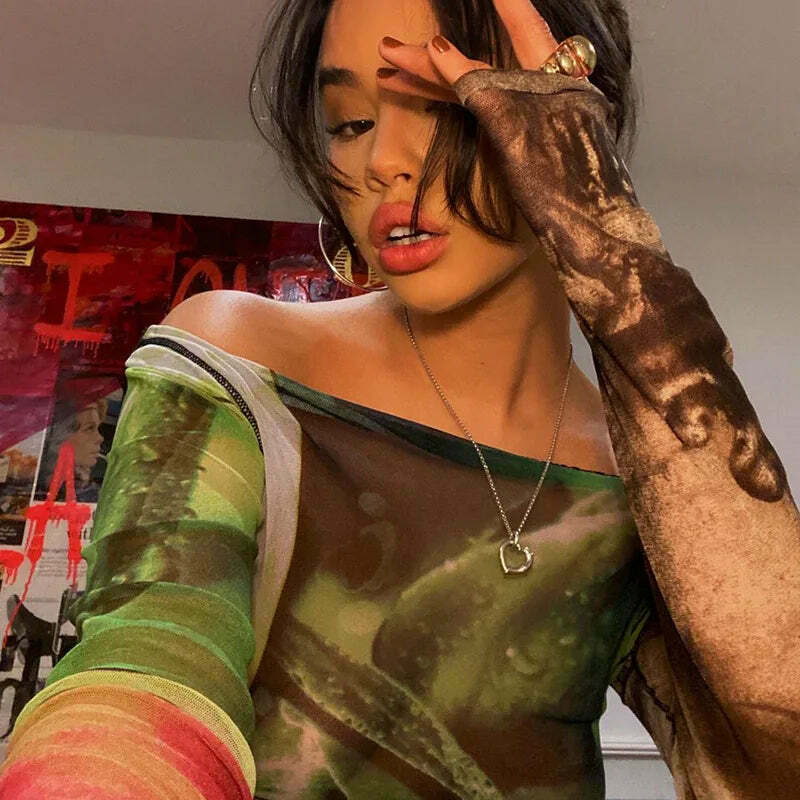 Vintage Mesh Tee with Y2K Aesthetic Prints - Coquette & Grunge Style Women's Fashion