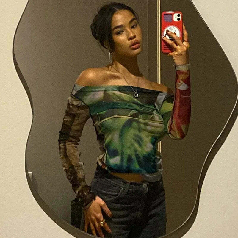 Vintage Mesh Tee with Y2K Aesthetic Prints - Coquette & Grunge Style Women's Fashion