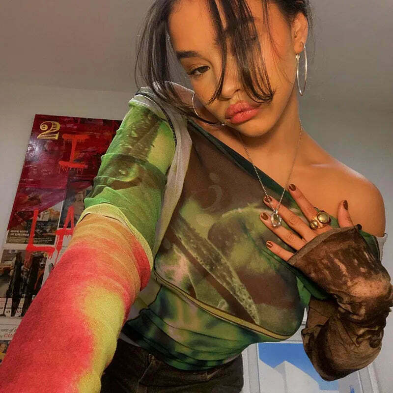 Vintage Mesh Tee with Y2K Aesthetic Prints - Coquette & Grunge Style Women's Fashion