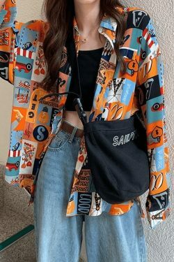Vintage Mixed Print Long Sleeve Blouse in Y2K Fashion Aesthetic