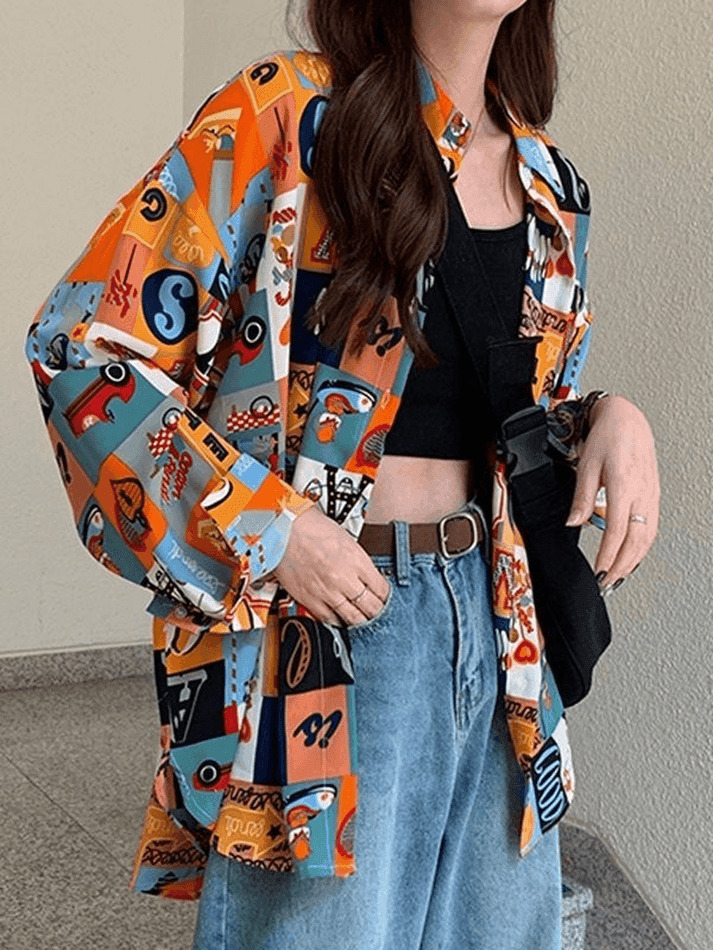 Vintage Mixed Print Long Sleeve Blouse in Y2K Fashion Aesthetic