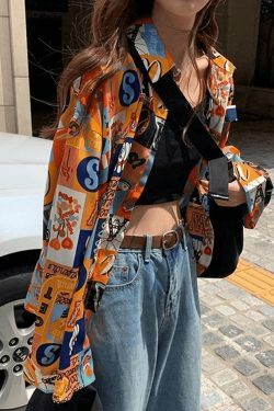 Vintage Mixed Print Long Sleeve Blouse in Y2K Fashion Aesthetic