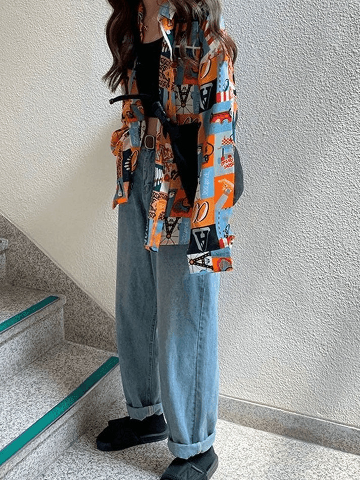 Vintage Mixed Print Long Sleeve Blouse in Y2K Fashion Aesthetic
