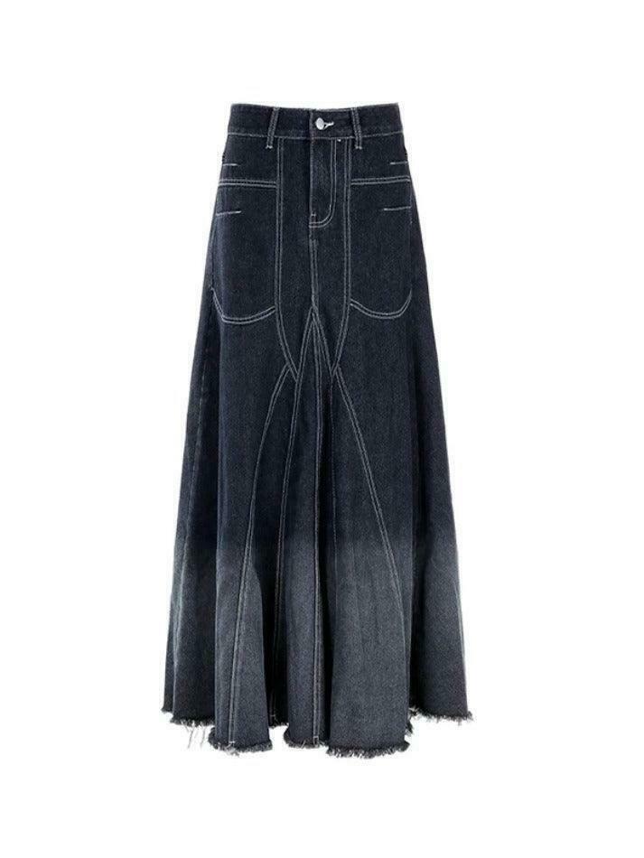 Vintage Ombre Splice Raw Hem Mermaid Denim Maxi Skirt in Y2K Fashion Aesthetic
