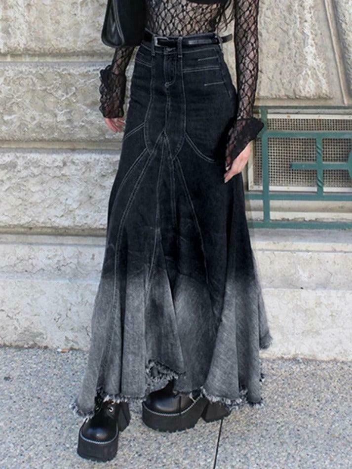 Vintage Ombre Splice Raw Hem Mermaid Denim Maxi Skirt in Y2K Fashion Aesthetic