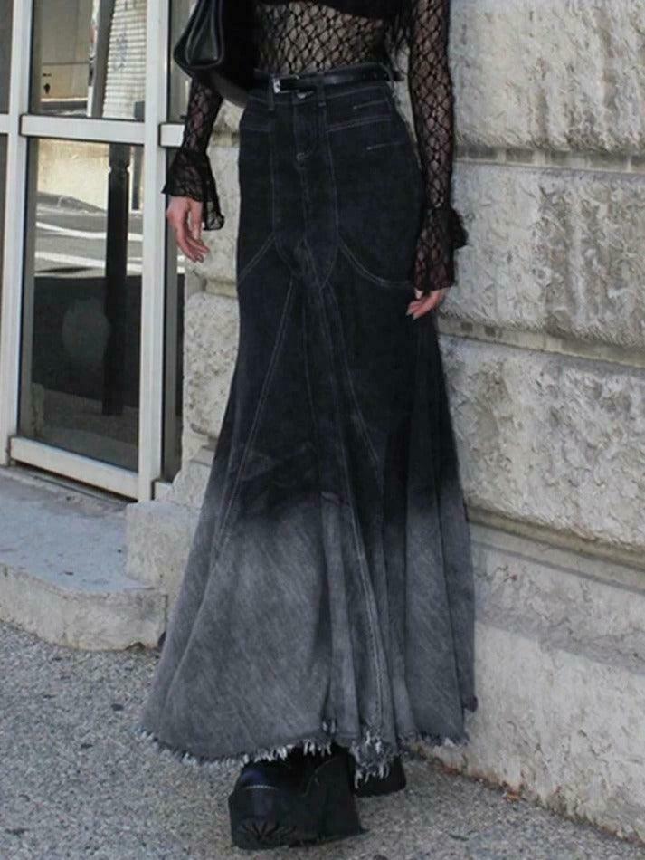 Vintage Ombre Splice Raw Hem Mermaid Denim Maxi Skirt in Y2K Fashion Aesthetic