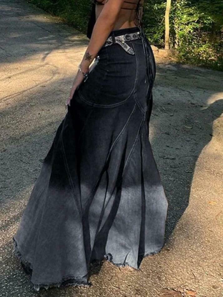 Vintage Ombre Splice Raw Hem Mermaid Denim Maxi Skirt in Y2K Fashion Aesthetic