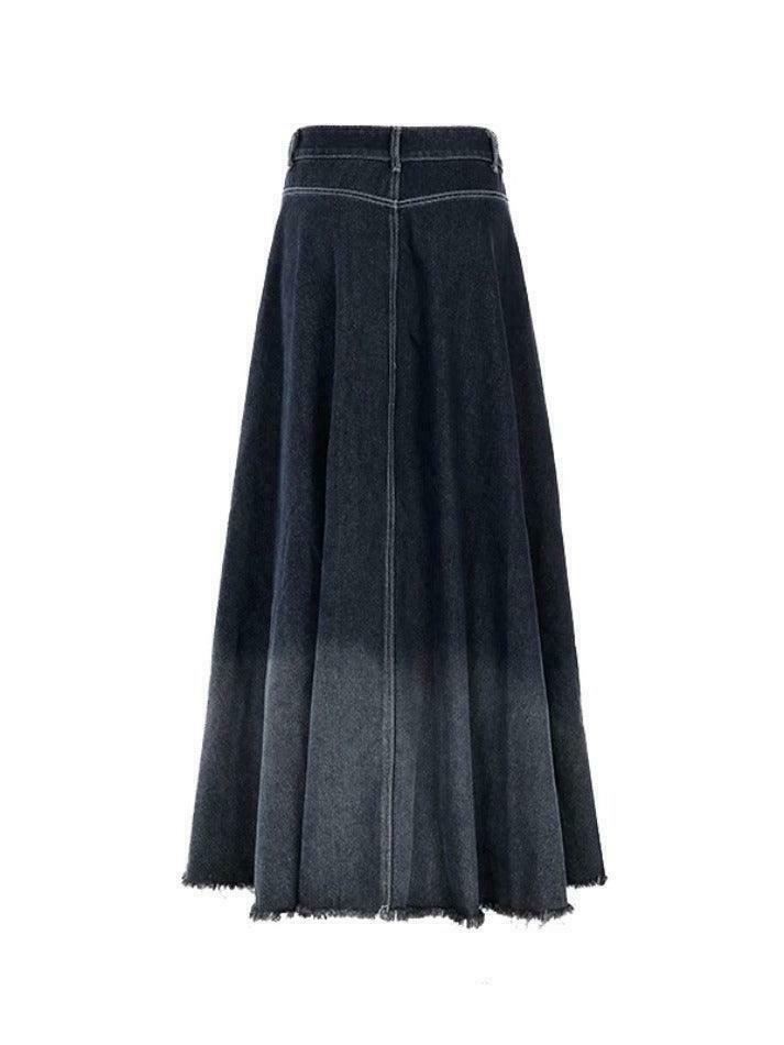 Vintage Ombre Splice Raw Hem Mermaid Denim Maxi Skirt in Y2K Fashion Aesthetic