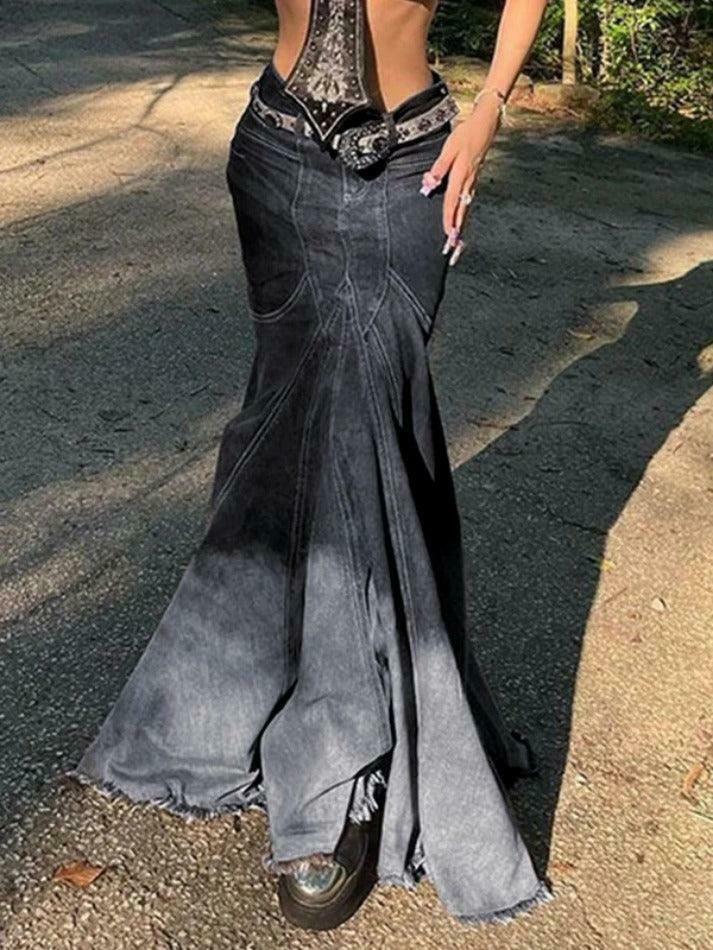 Vintage Ombre Splice Raw Hem Mermaid Denim Maxi Skirt in Y2K Fashion Aesthetic