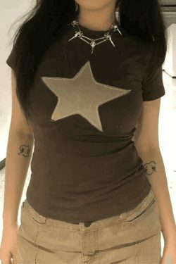 Vintage Patch Star Short Sleeve Tee - Y2K Aesthetic Top for Women - Coquette Grunge Outfit
