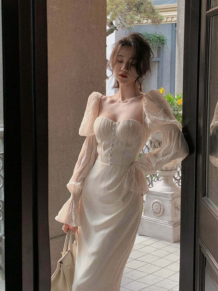 Vintage Pearl Elegance Midi Dress with Puff Sleeves - Y2K Fashion Aesthetic for Women