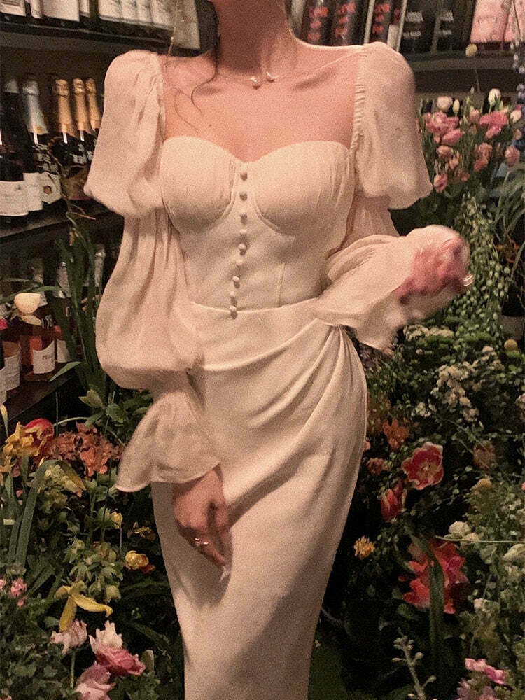 Vintage Pearl Elegance Midi Dress with Puff Sleeves - Y2K Fashion Aesthetic for Women