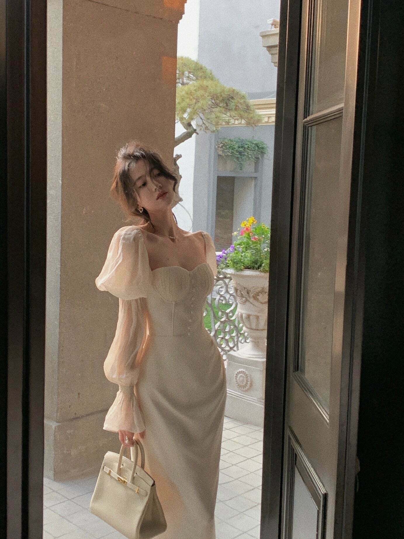 Vintage Pearl Elegance Midi Dress with Puff Sleeves - Y2K Fashion Aesthetic for Women
