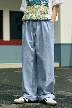 Vintage Pleat Front Wide Leg Jeans - Y2K Fashion Aesthetic for Women - Coquette Style Grunge Outfits