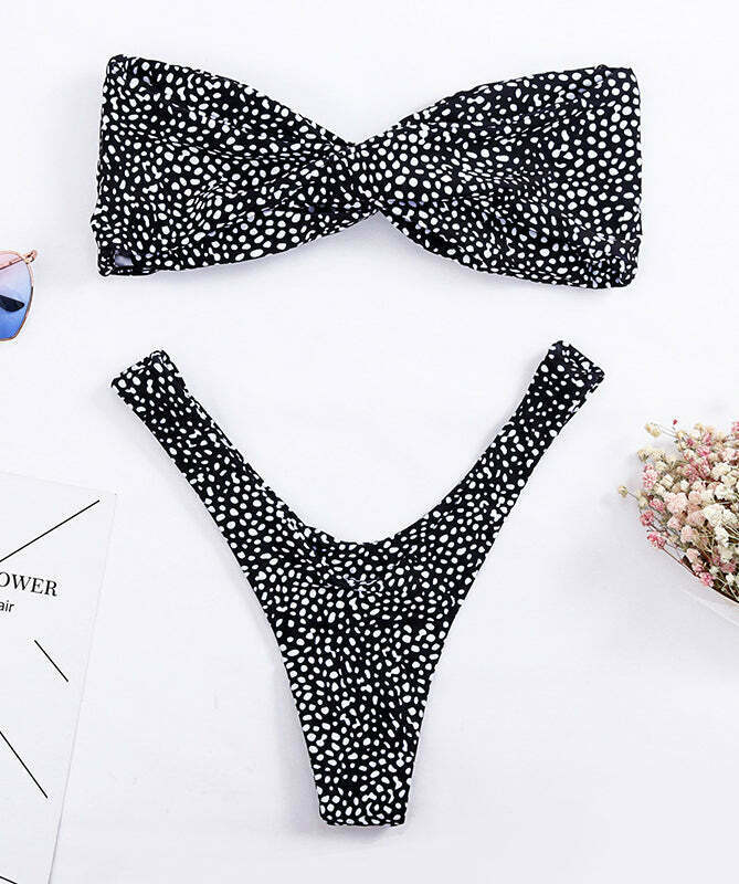 Vintage Polka Dot High Cut Bandeau Bikini - Y2K Fashion Retro Swimwear