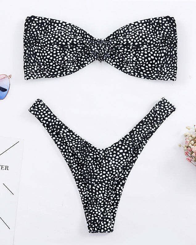 Vintage Polka Dot High Cut Bandeau Bikini - Y2K Fashion Retro Swimwear