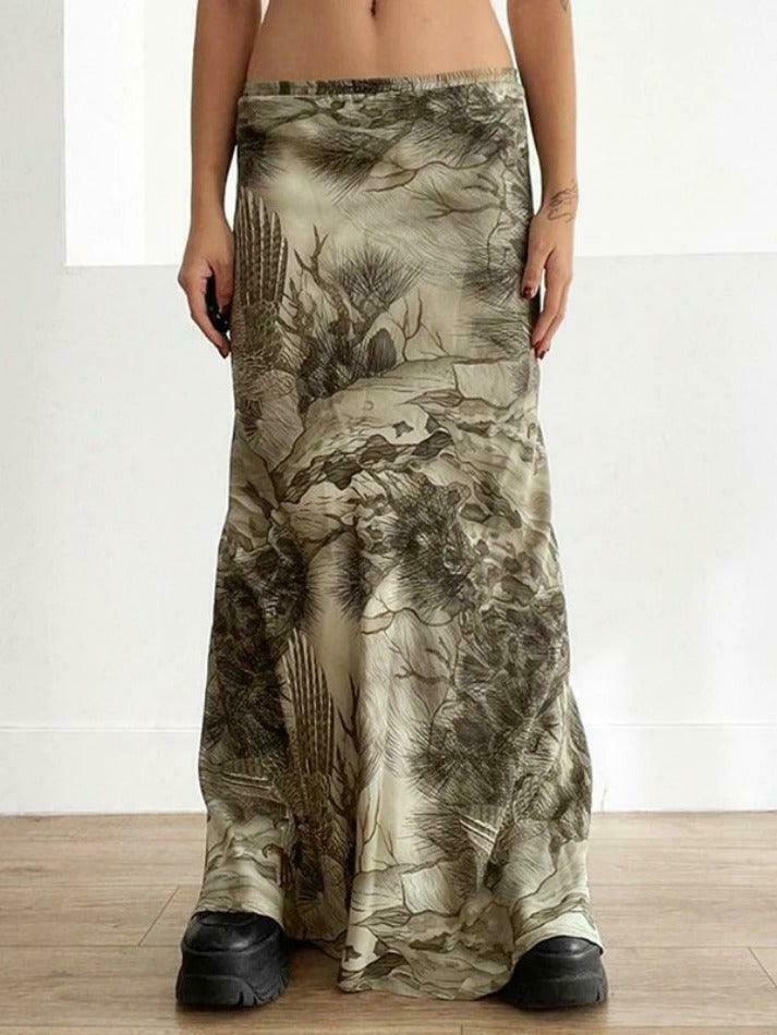 Vintage Print Low Rise Shift Midi Skirt - Y2K Fashion Coquette Aesthetic