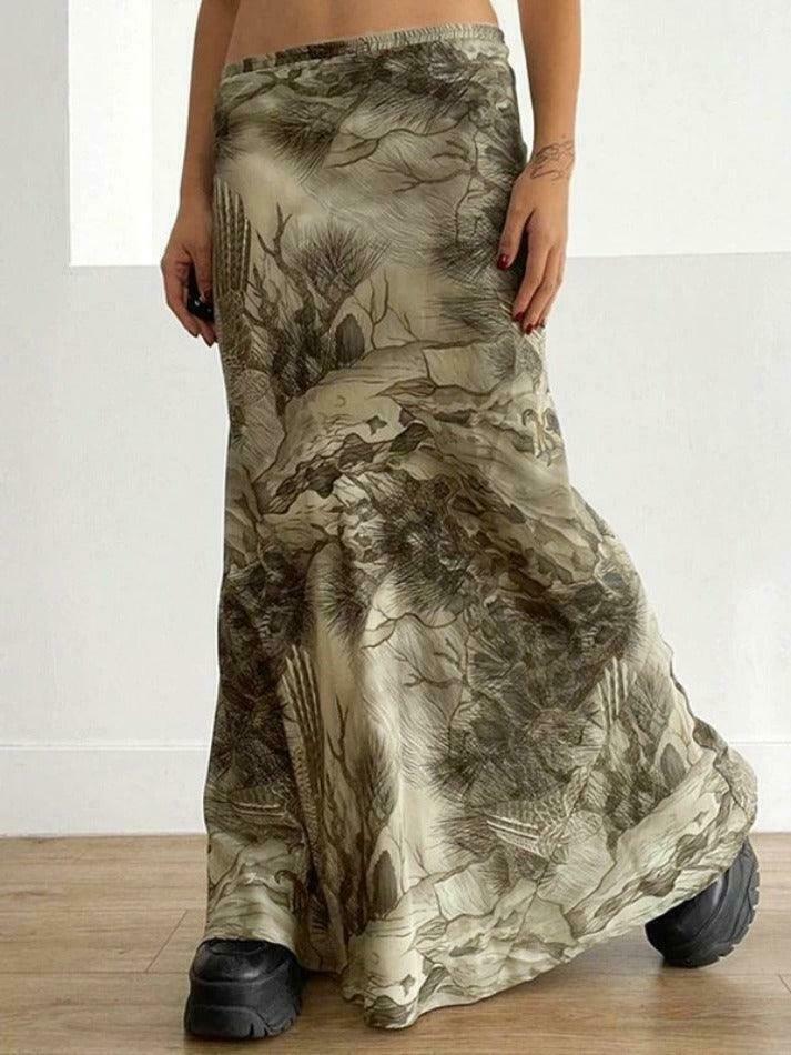 Vintage Print Low Rise Shift Midi Skirt - Y2K Fashion Coquette Aesthetic