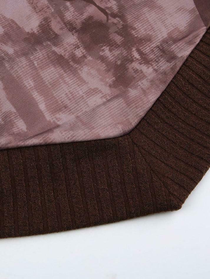 Vintage Print Off Shoulder Mesh Splice Long Sleeve Knit Sweater
