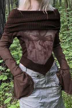 Vintage Print Off Shoulder Mesh Splice Long Sleeve Knit Sweater