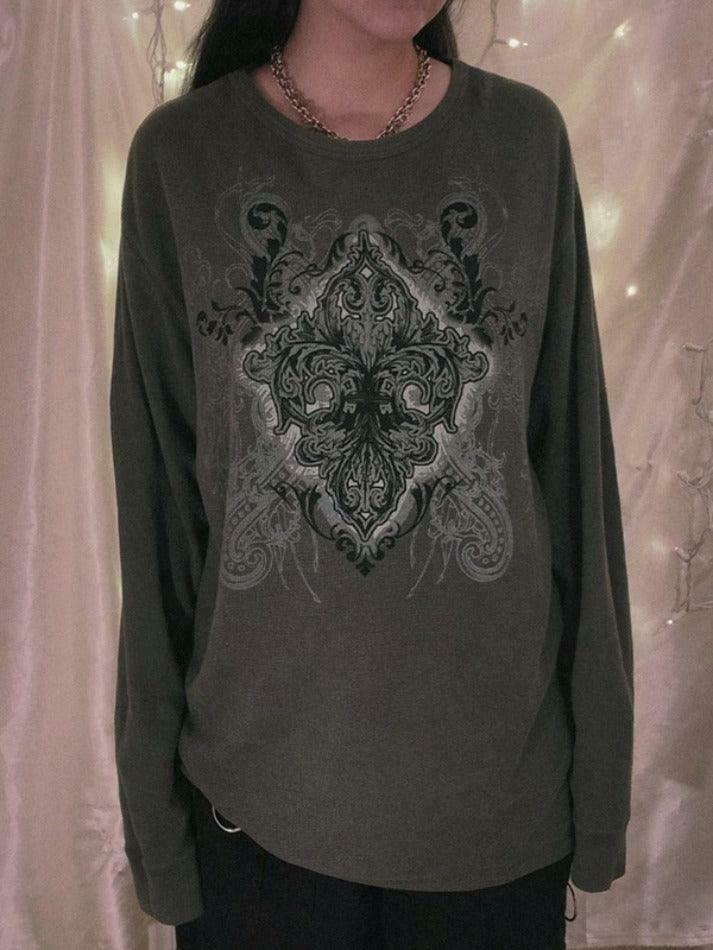 Vintage Print Oversized Long Sleeve Tee for Y2K Fashion Enthusiasts
