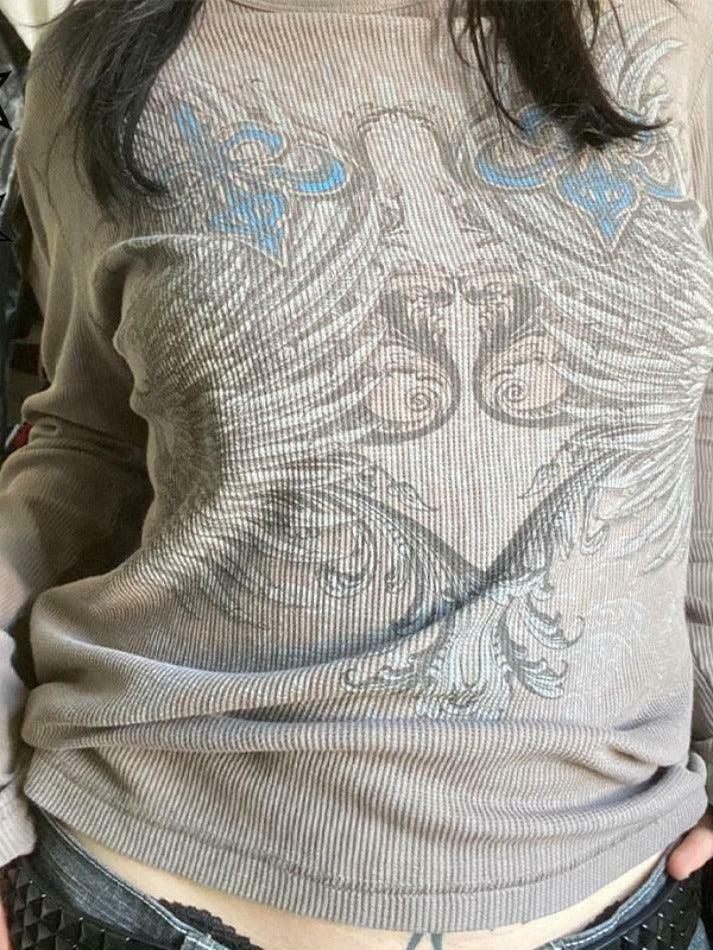 Vintage Print Ribbed Long Sleeve Knit Sweater - Y2K Fashion Aesthetic Women's Clothing