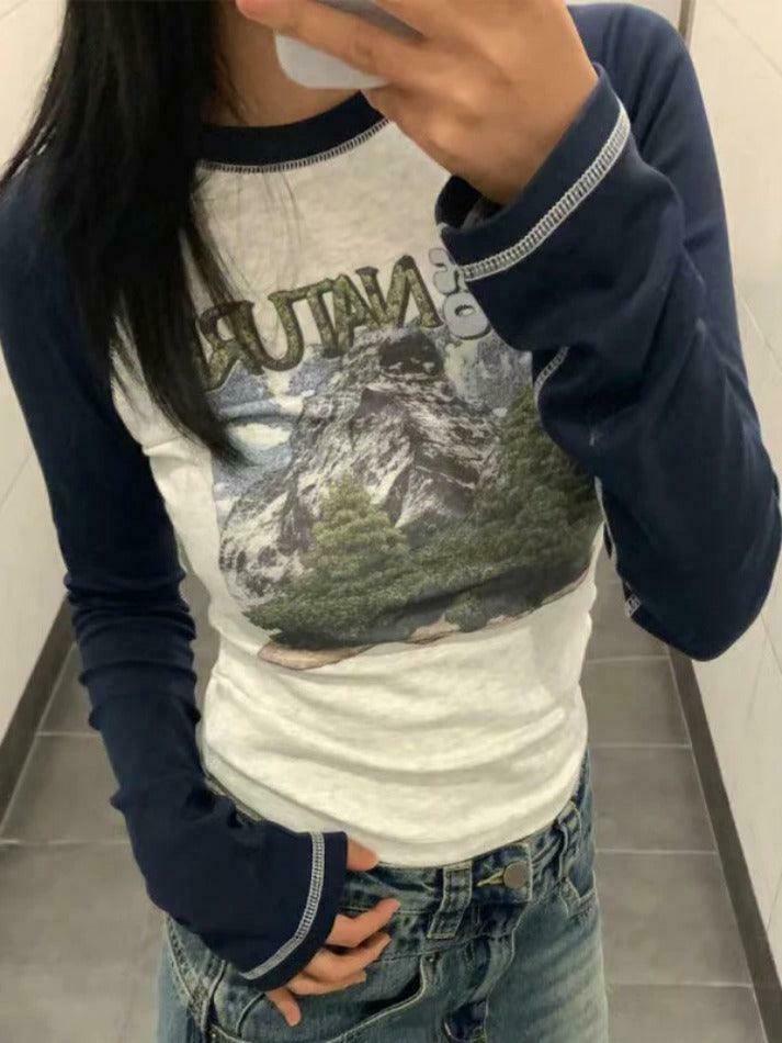 Vintage Print Slim Long Sleeve Tee with Stitch Detail