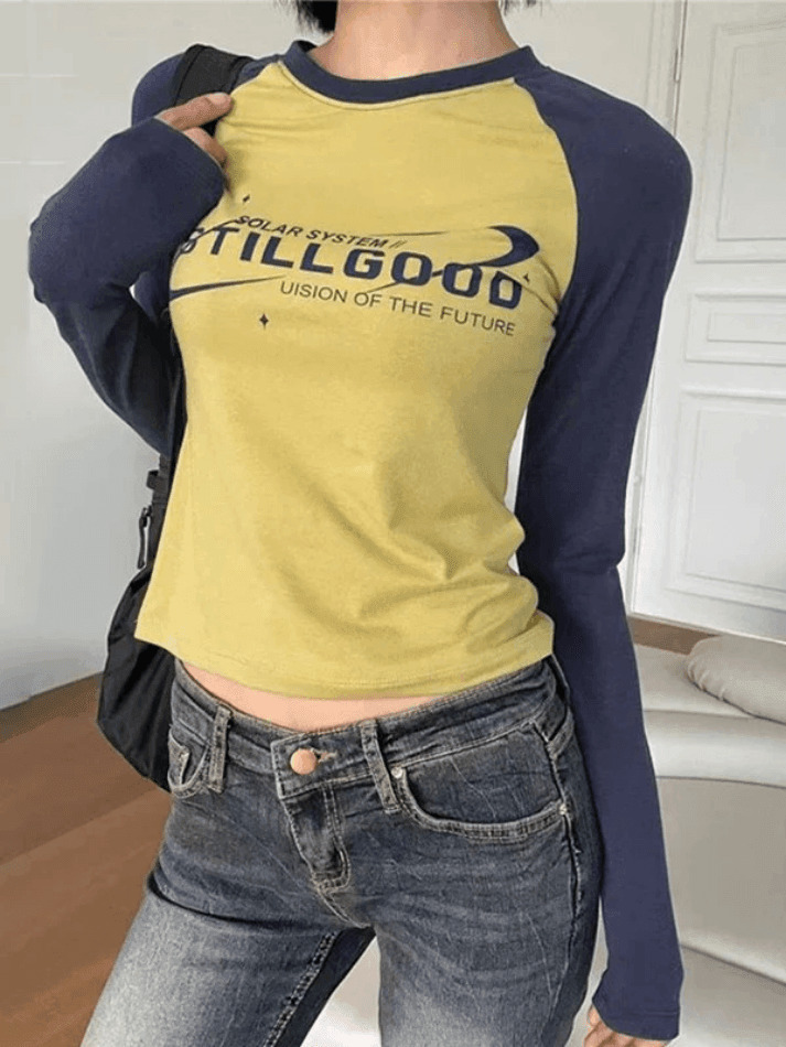 Vintage Raglan Long Sleeve Tee - Y2K Aesthetic Grunge Coquette Style, Cute Tops & Cargo Skirt