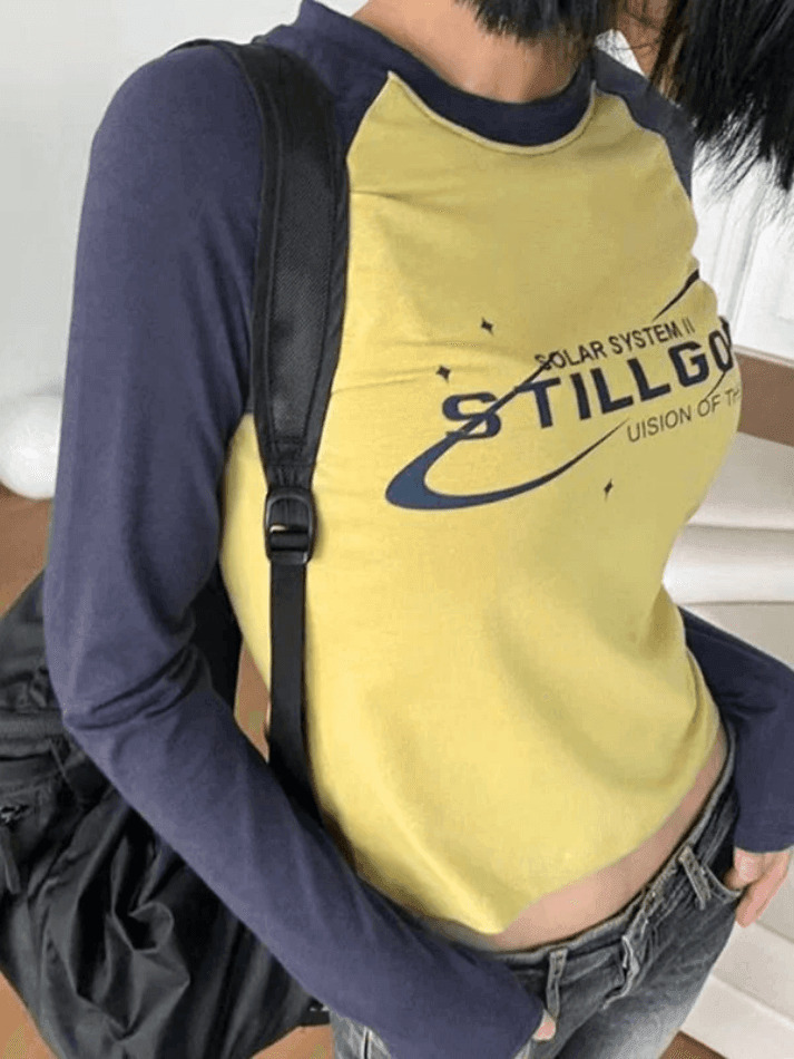 Vintage Raglan Long Sleeve Tee - Y2K Aesthetic Grunge Coquette Style, Cute Tops & Cargo Skirt