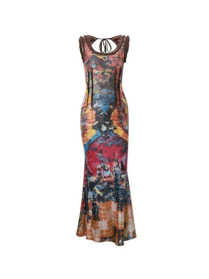 Vintage Random Print Backless Maxi Dress - Y2K Fashion Aesthetic with Coquette and Grunge Style