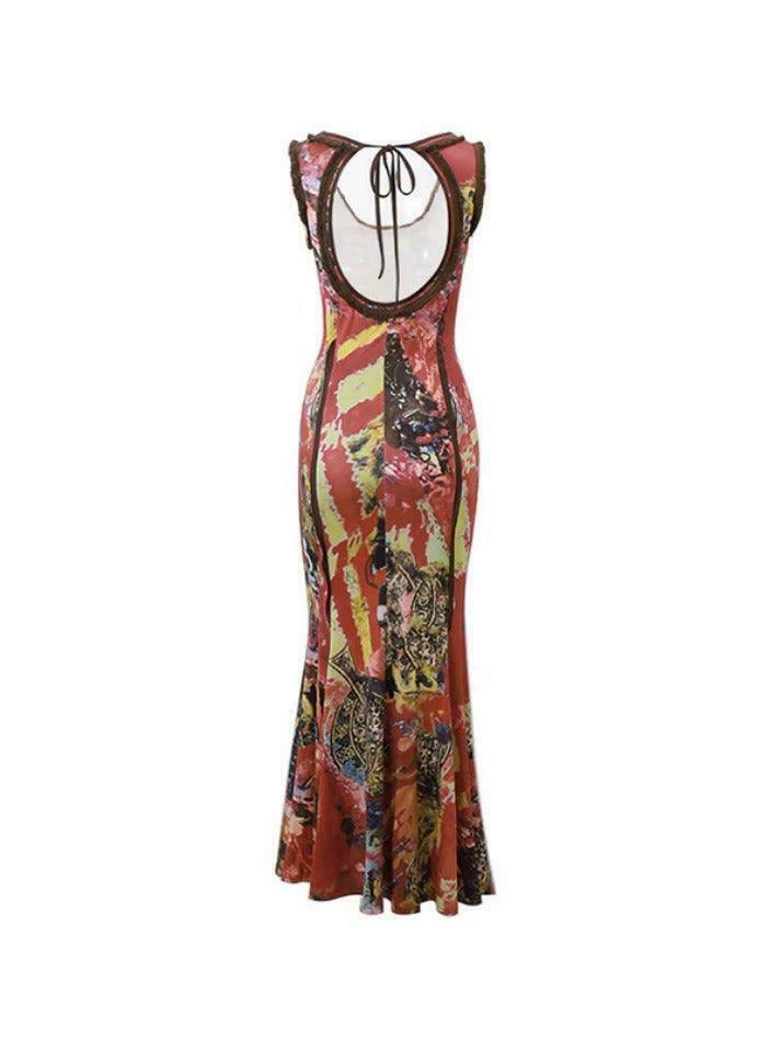 Vintage Random Print Backless Maxi Dress - Y2K Fashion Aesthetic with Coquette and Grunge Style