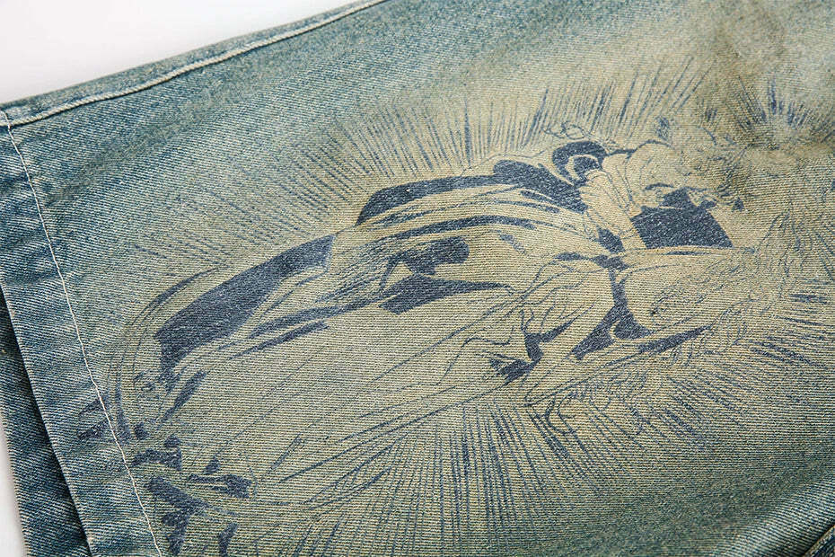 Vintage Religious Print Denim Shorts - Y2K Fashion with Coquette & Grunge Aesthetics