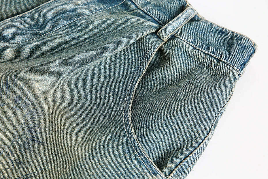Vintage Religious Print Denim Shorts - Y2K Fashion with Coquette & Grunge Aesthetics
