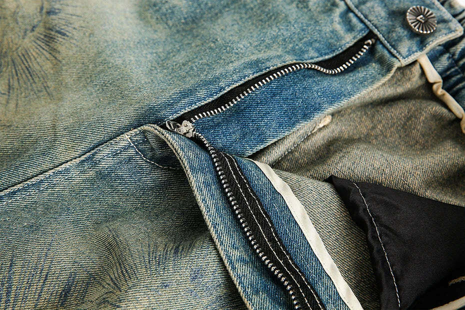 Vintage Religious Print Denim Shorts - Y2K Fashion with Coquette & Grunge Aesthetics