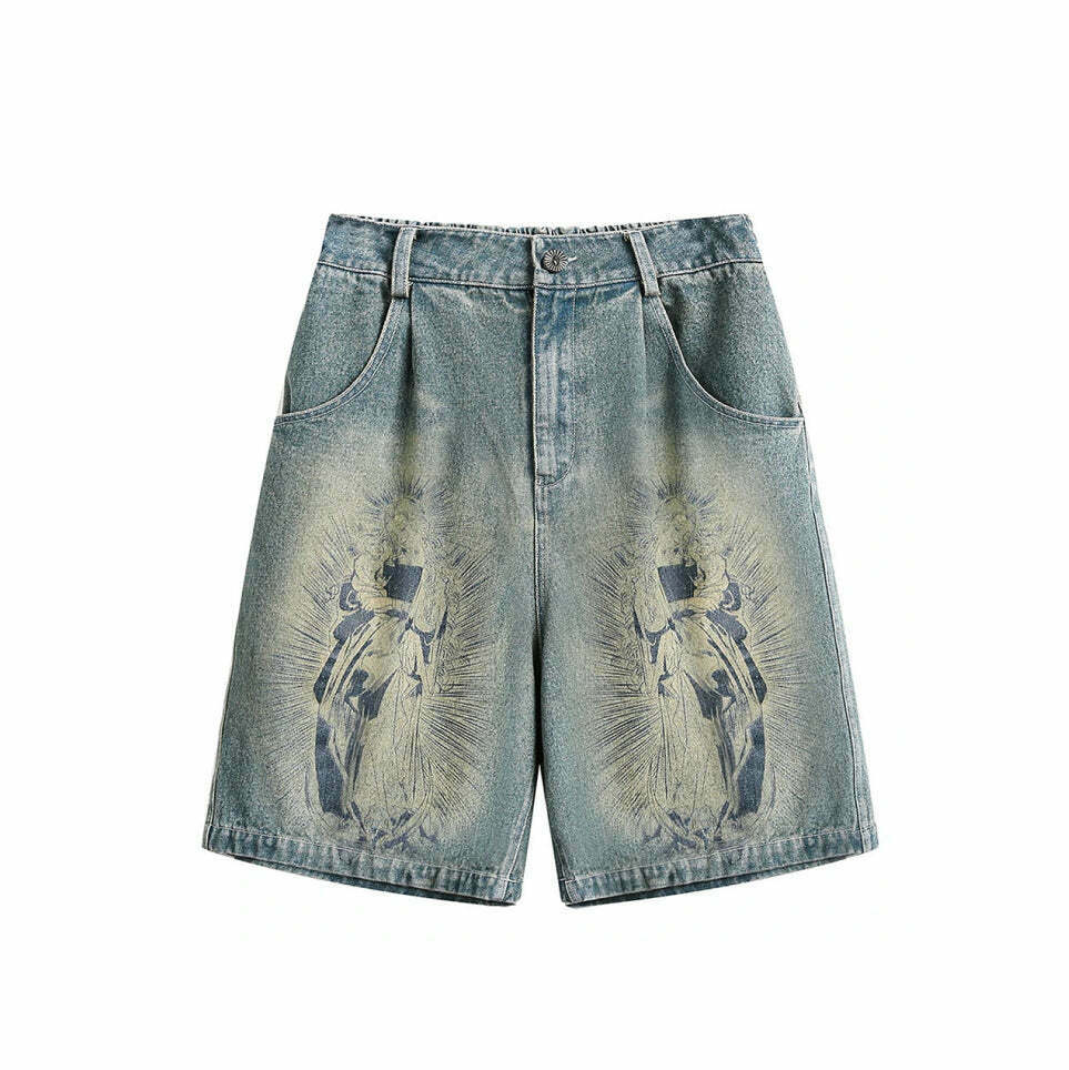 Vintage Religious Print Denim Shorts - Y2K Fashion with Coquette & Grunge Aesthetics