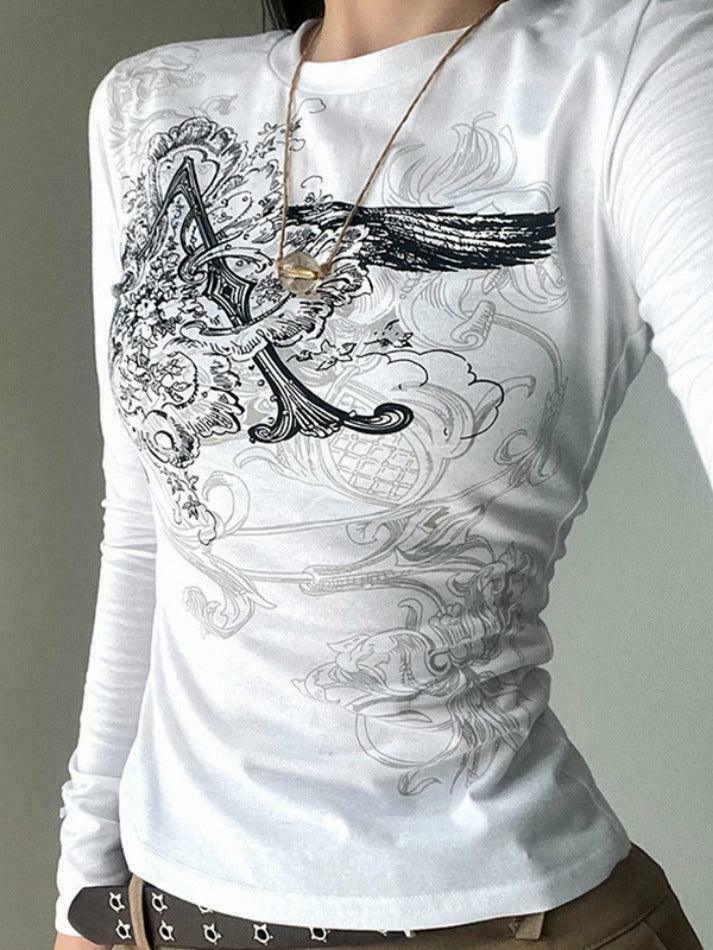 Vintage Retro Print Slim Long Sleeve Tee - Y2K Fashion Aesthetic for Women
