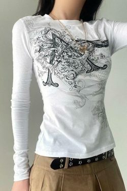 Vintage Retro Print Slim Long Sleeve Tee - Y2K Fashion Aesthetic for Women