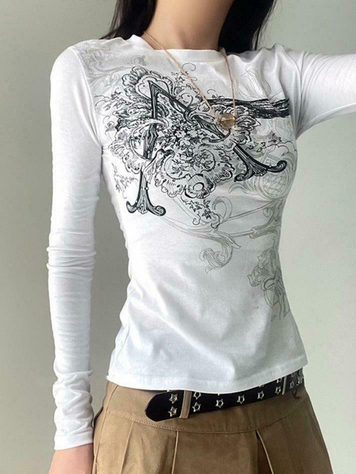 Vintage Retro Print Slim Long Sleeve Tee - Y2K Fashion Aesthetic for Women
