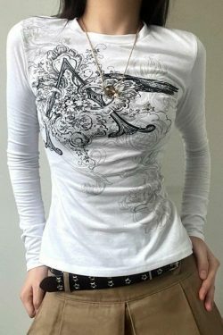 Vintage Retro Print Slim Long Sleeve Tee - Y2K Fashion Aesthetic for Women